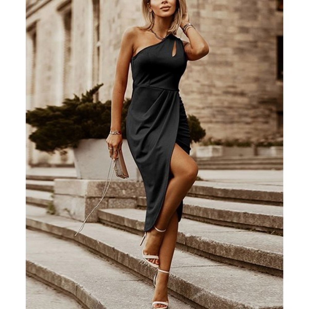 Black Tulip-Hem Cutout Asymmetrical Dress